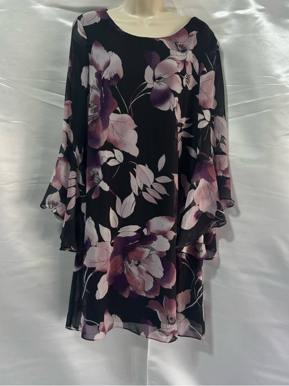 Nine West Black Floral Chiffon Dress with Pinkish Purple Blooms | Size 12